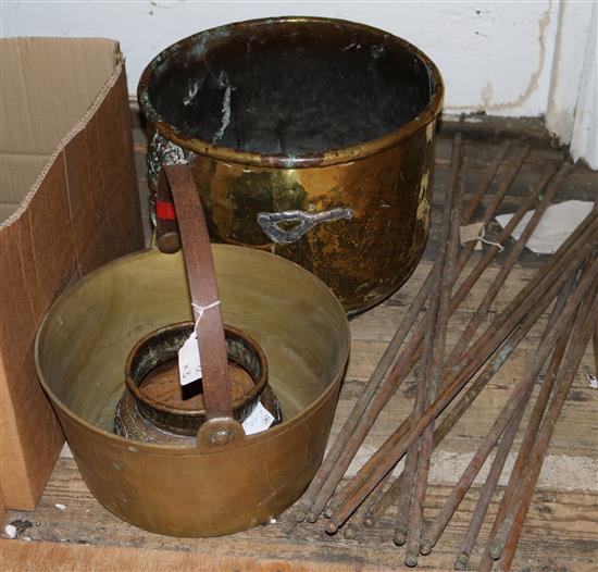 Copper & brass cauldron shaped log box, a brass preserving pan, and some brass stair rods.